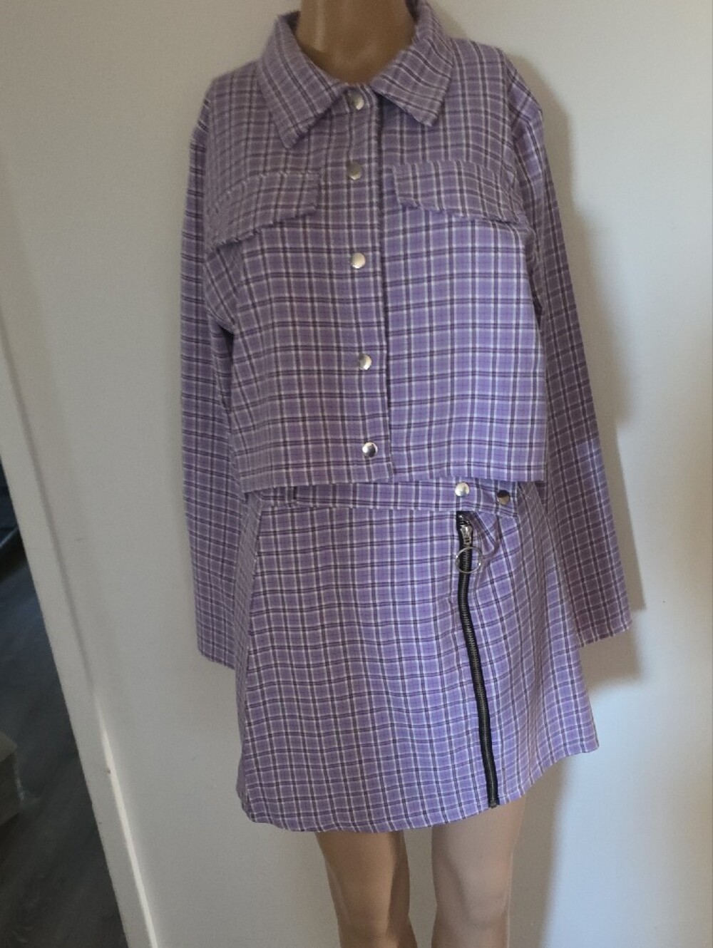 SHEIN Purple Plaid Cropped Jacket & Skirt Set